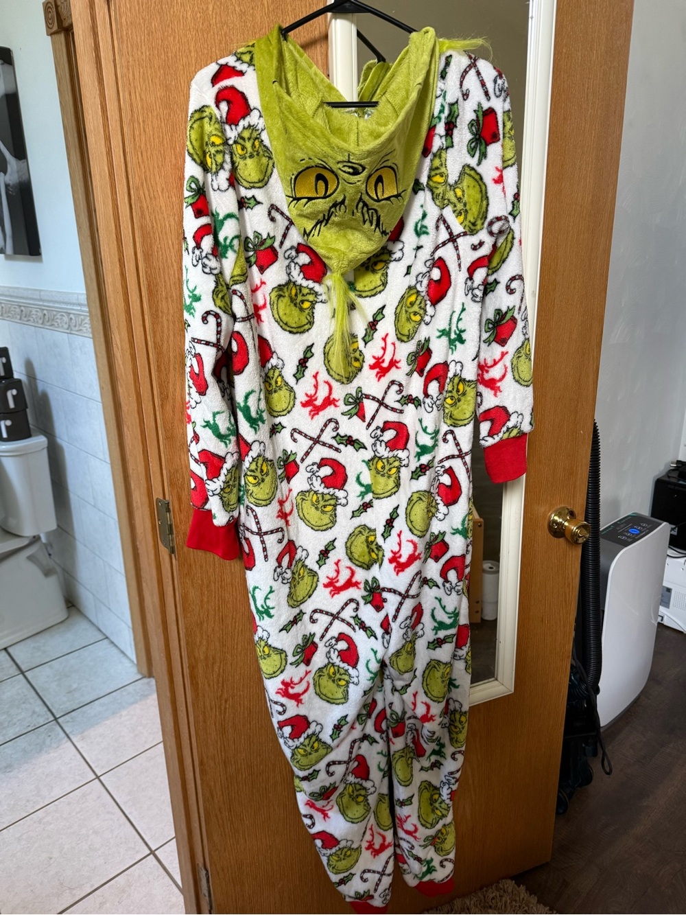 Adult Grinch Fleece Hooded One-Piece Pajamas - Green/White